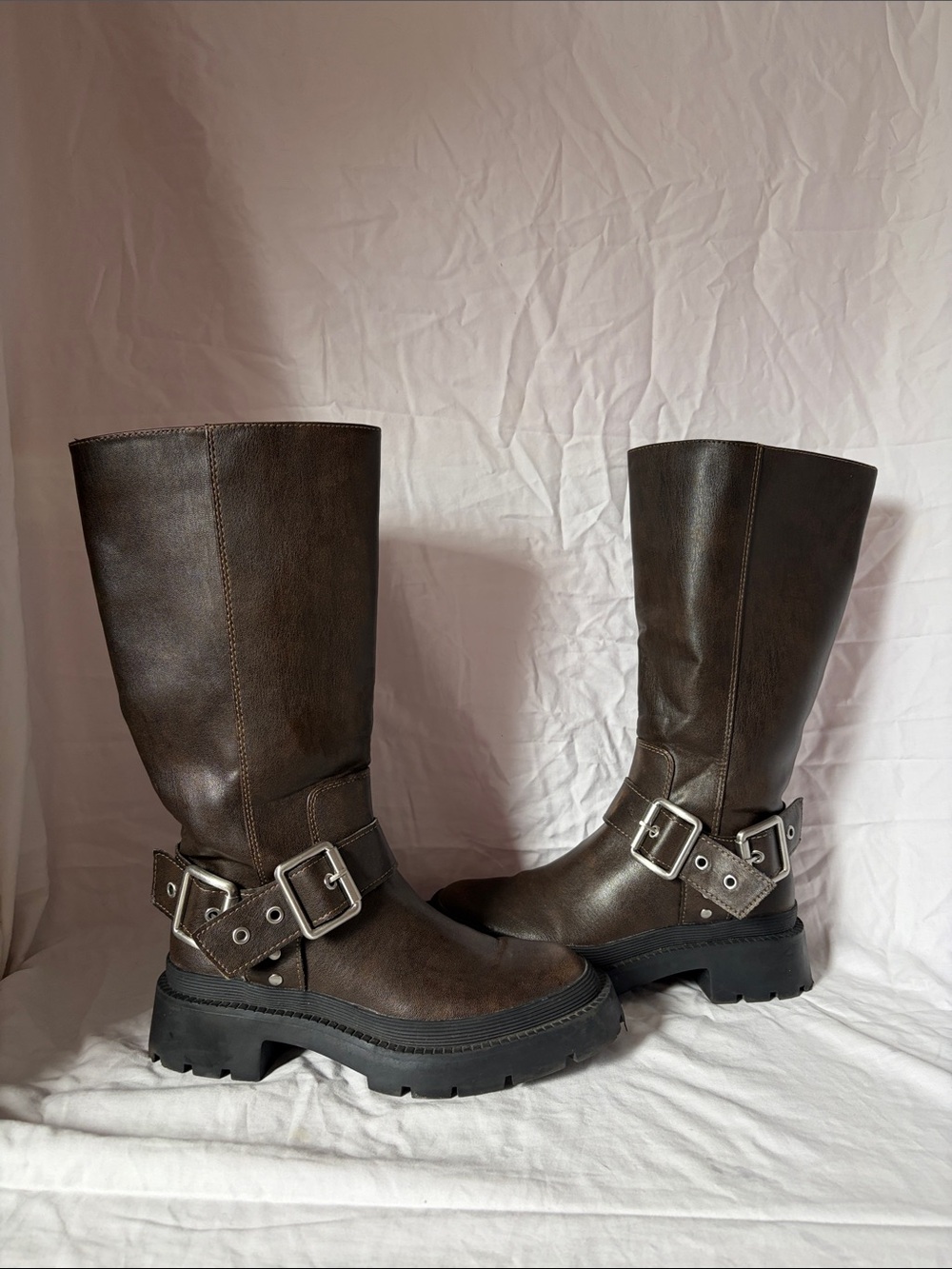 Zara Dark Brown Buckle Mid-Calf Combat Boots